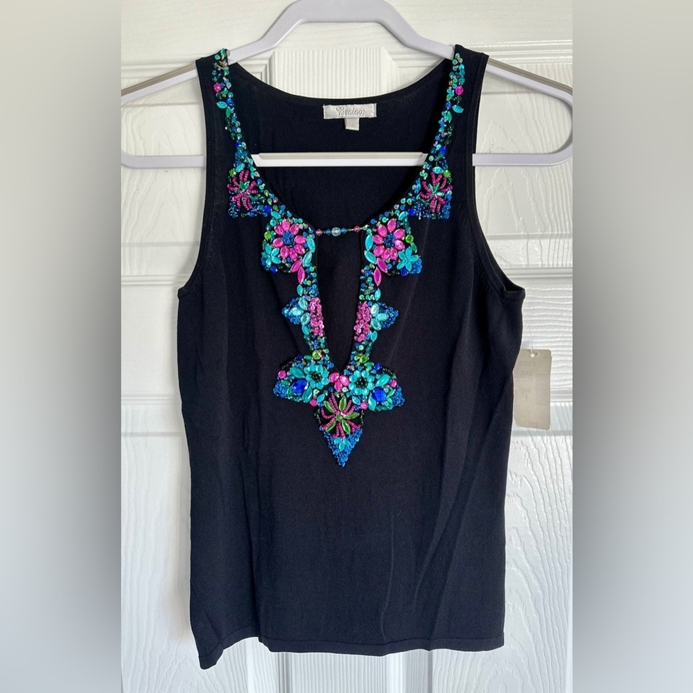 NWT Black Y2K Black Large Keyhole Front w Hand Beaded Flowers